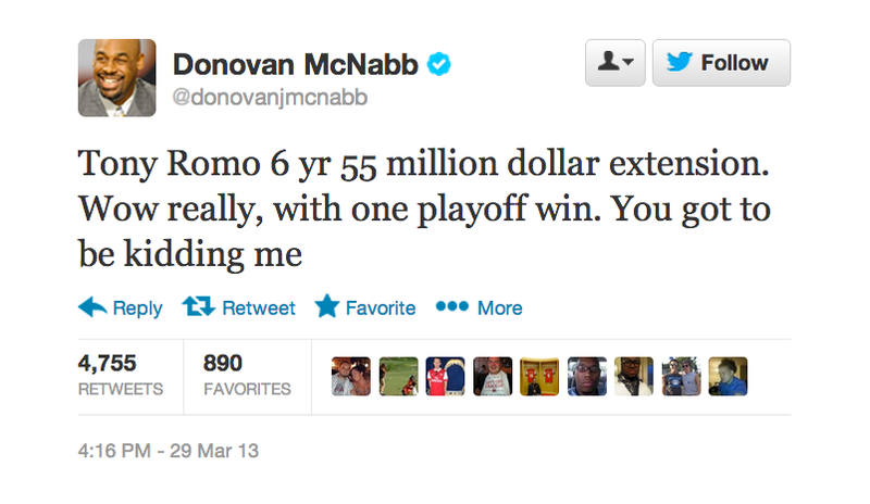 Illustration for article titled Donovan McNabb Is Mad About Tony Romo's New Contract