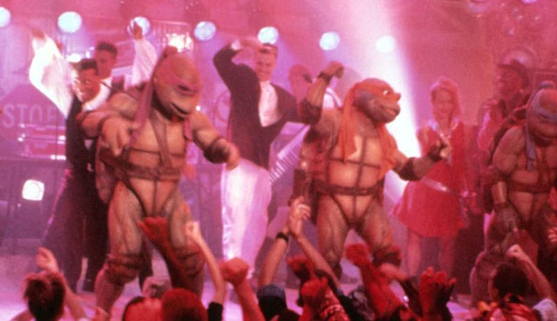 A still from the end of Teenage Mutant Ninja Turtles 2: Secret of the Ooze.