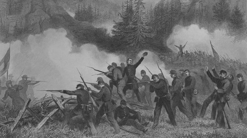 An engraving of the battle of Rich Mountain during the US Civil War.