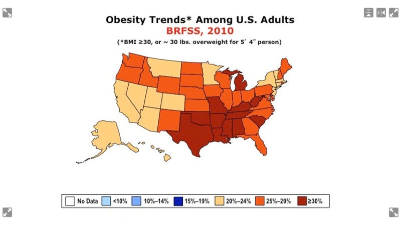 Illustration for article titled "Fat maps" show where the obesity epidemic has hit the United States hardest