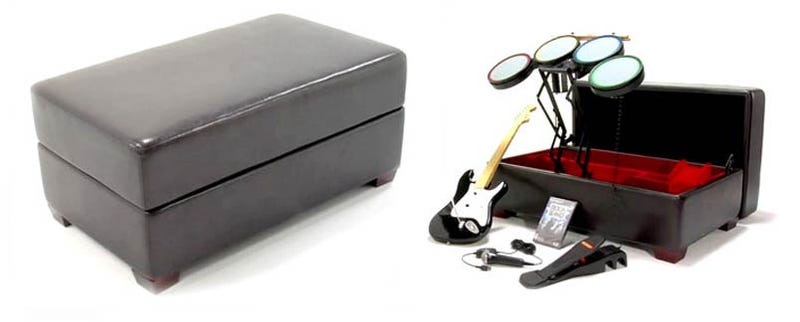Illustration for article titled Rock Band Ottoman Stores Your Controllers, Stifles Your Dreams