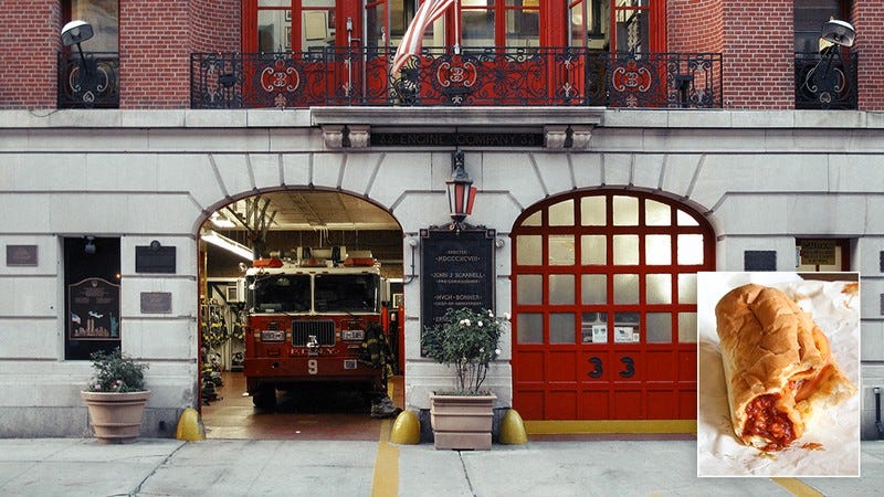 Meatball sandwich outside fire department.