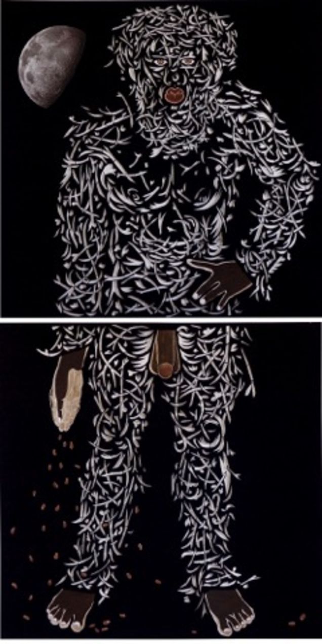 Seed, by William Villalongo; acrylic paper collage and cut velour paper, 78 by 40 inches (two sheets, 39 by 40 inches each)Courtesy of Susan Inglett Gallery