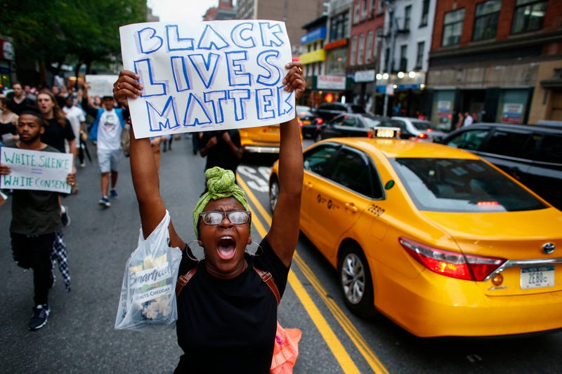 People take part in a protest July 8, 2016, in New York City. Police presence was increased around New York City after five police officers were killed in a shooting in Dallas.Kena Betancur/Getty Images