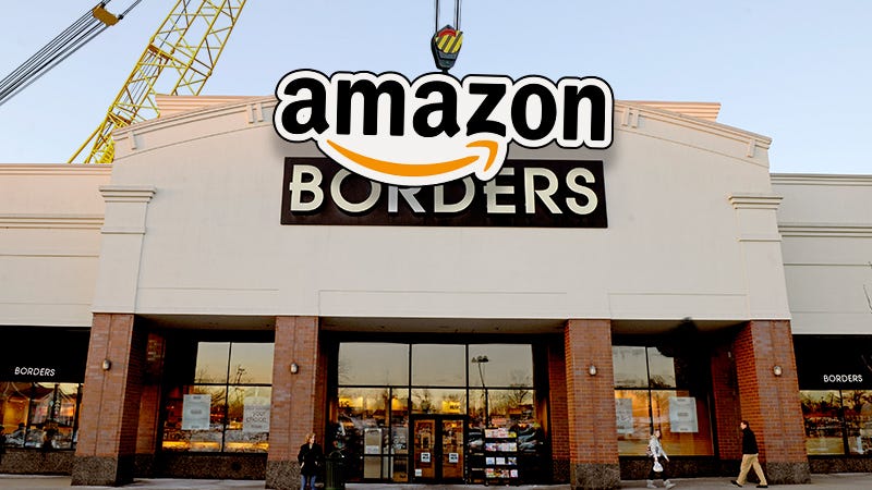 Photo illustration of an Amazon sign going over a Border bookstore (AP/Gizmodo)