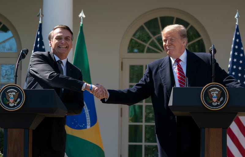 U.S. President Donald Trump and Brazilian President Jair Bolsonaro attend a joint news conference in the Rose Garden at the White House March 19, 2019 in Washington, DC. President Trump is hosting President Bolsonaro for a visit and bilateral talks at the White House today.