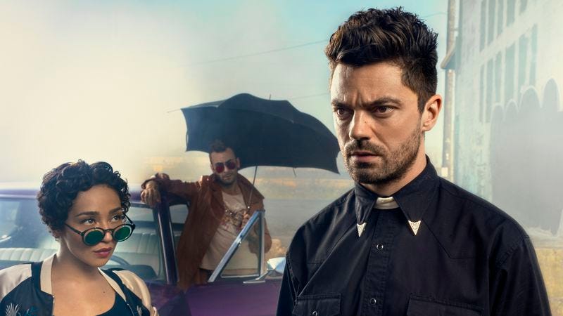 Ruth Negga (left), Joseph Gilgun, and Dominic Cooper star in Preacher (Photo: Marco Grob/AMC)