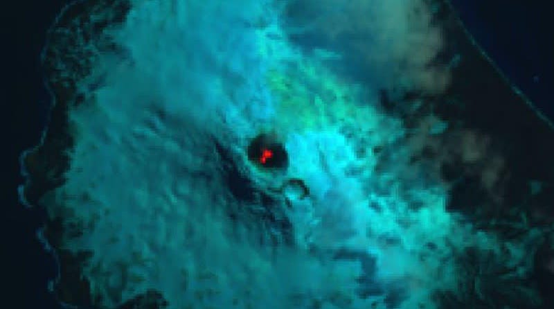 False color image of Saunders Island and the lava lake within Mt. Michael. 