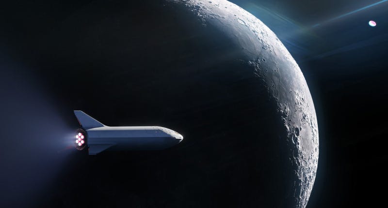 Una ilustración de un artista de la nave espacial BFK circulando la Luna.