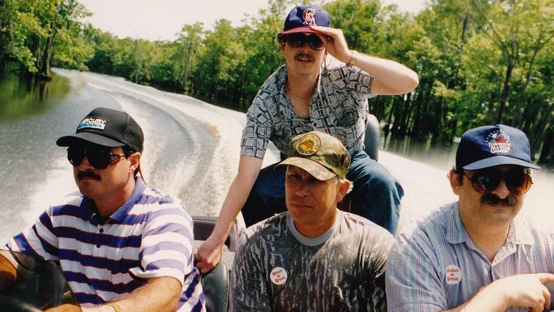 The production crew of Mario Takes America as they film Louisiana by speedboat. Photo: Cigam/Unseen 64