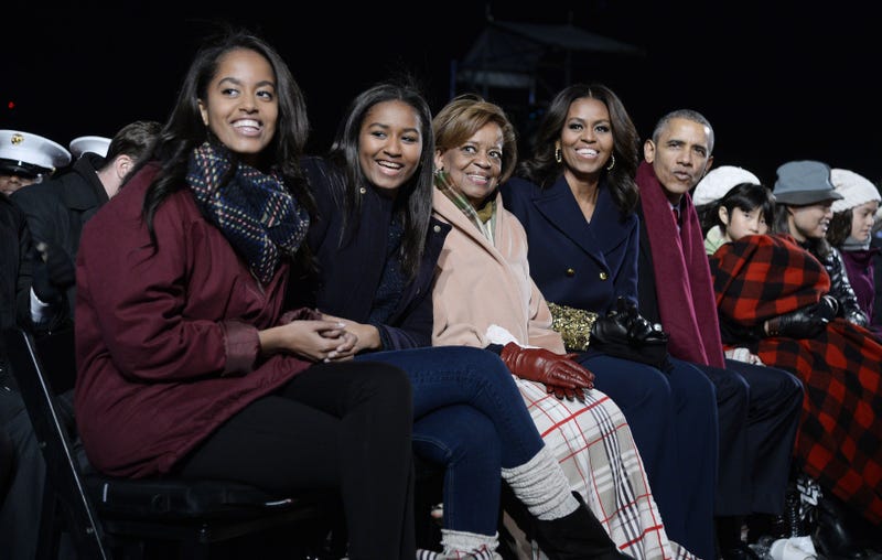The first family—Malia Obama; Sasha Obama; the president’s mother-in-law, Marian Robinson; first lady Michelle Obama; and President Barack Obama—attend the National Christmas Tree Lighting Ceremony at the White House on Dec. 3, 2015, in Washington, D.C.Olivier Douliery-Pool/Getty Images