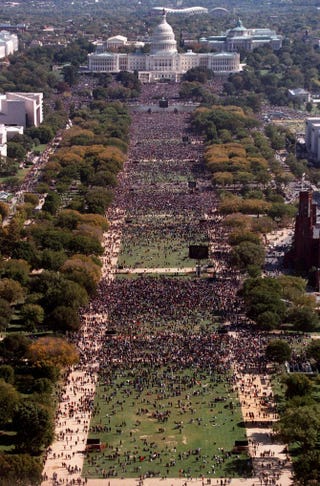 This photograph, taken from the top of the Washington Monument, shows hundreds of thousands of people on the National Mall in front of the U.S. Capitol during the Million Man March in Washington, D.C., Oct. 16, 1995.TIM SLOAN/AFP/Getty Images