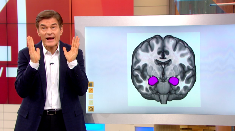 Dr. Oz in a screenshot from today’s episode about fake news and alleged ways to measure how the brain reacts to it (Dr. Oz Show)