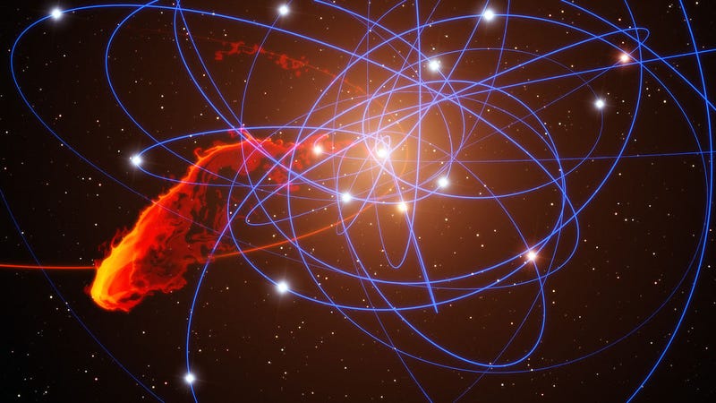 Artist’s simulation of a gas cloud approaching Sag A*.