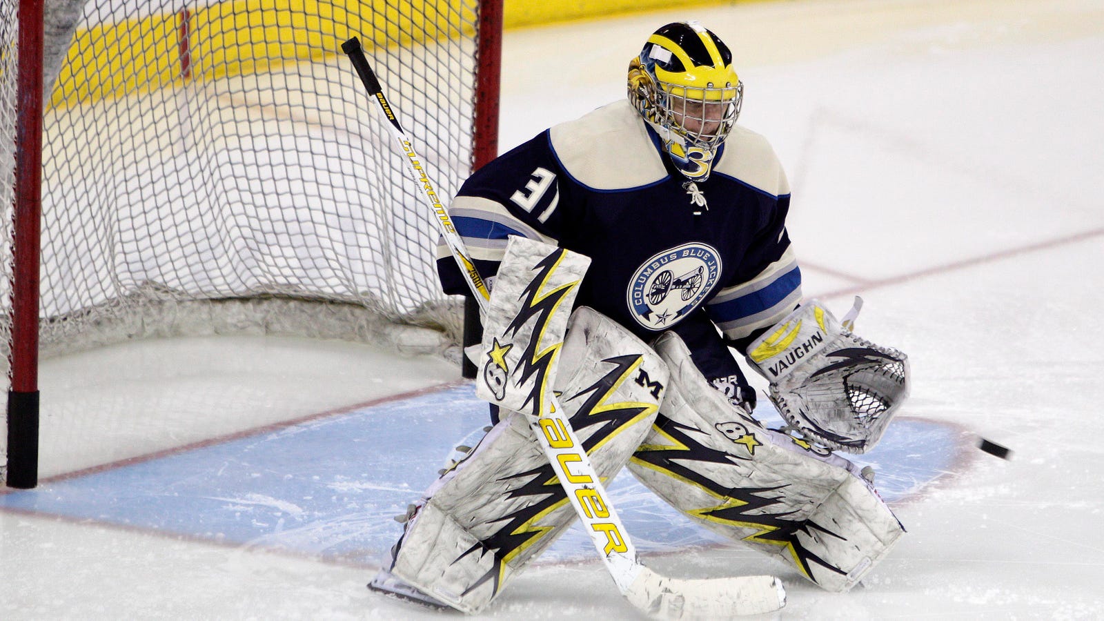 The New Columbus Goalie Showed Up For Work In Michigan Gear