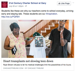Ryan Brown’s school posted an earlier story about the teen and called Brown an “inspiration.”21st Century Charter School at Gary via Facebook