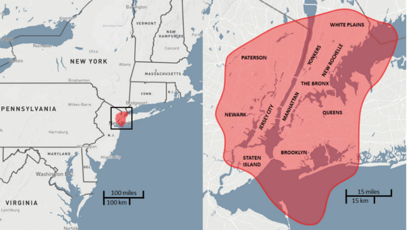 El área de destrucción que provocó el evento Tunguska en 1908, sobrepuesto a la ciudad de Nueva York. Si ocurriera, las bajas en la ciudad sobrepasarían los 10 millones de personas.