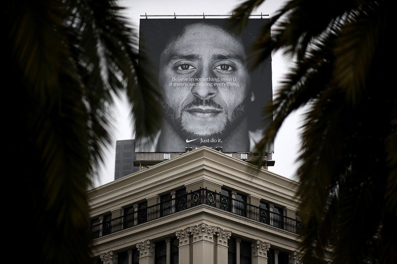 Former San Francisco 49ers quarterback Colin Kaepernick is displayed on the roof of the Nike Store on September 5, 2018 in San Francisco, California.
