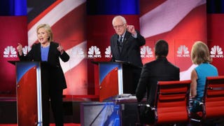 Democratic presidential candidates Hillary Clinton and Sen. Bernie Sanders field questions from the moderators during the Democratic Debate on Jan. 17, 2016, in Charleston, S.C. Andrew Burton/Getty Images