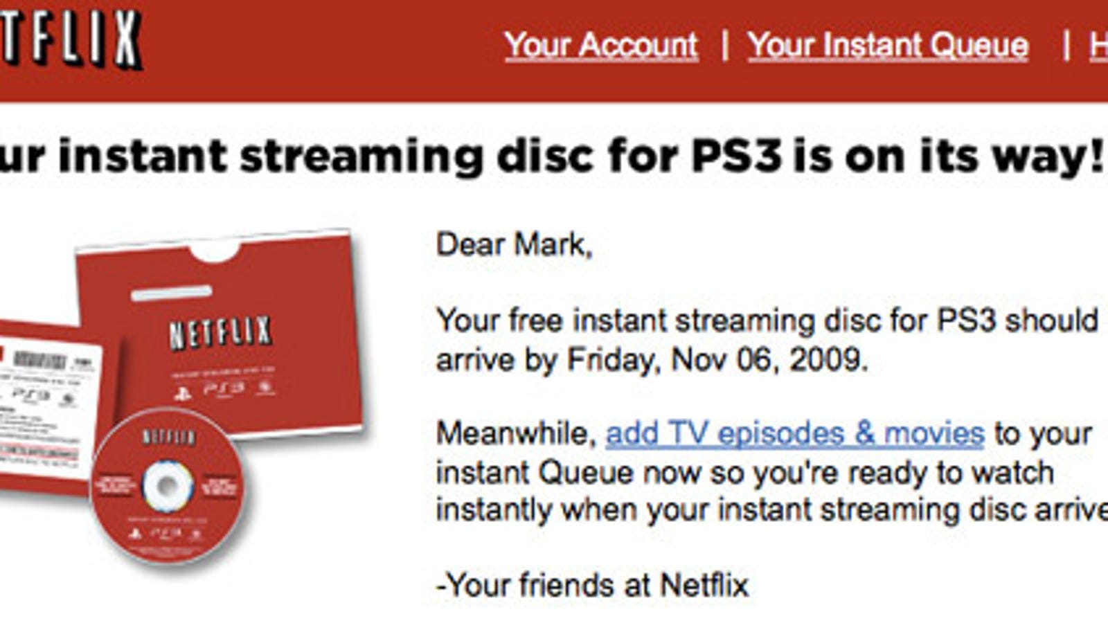 Netflix Shipping PS3 Instant Streaming Discs