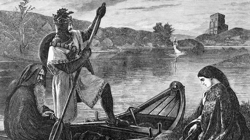 A depiction of when King Arthur (supposedly) obtained the sword Excalibur (Image: Undated woodcut/Bettmann/Getty Images)