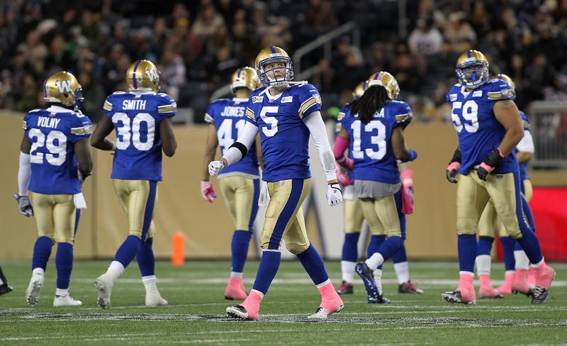 Photo is from 2014 and features QB Drew Willy, who is no longer with the Blue Bombers, but we don’t exactly have an abundance of CFL photos in our subscriptions. Photo credit: Marianne Helm/Getty Images