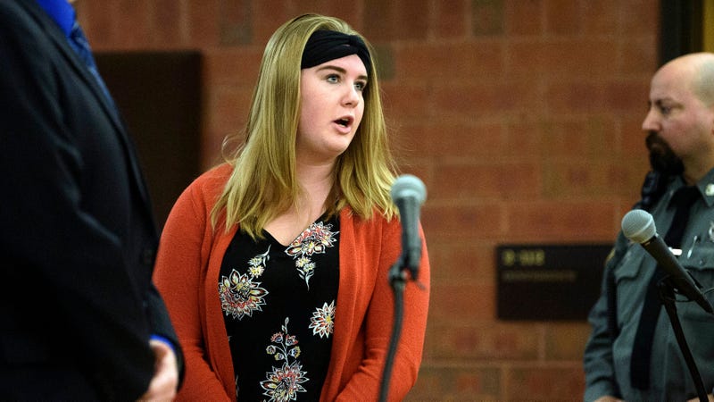In this Nov. 21, 2017, file photo, Brianna Brochu, accused of contaminating her black roommate’s belongings at the University of Hartford, addresses the court during a hearing in Hartford, Conn.