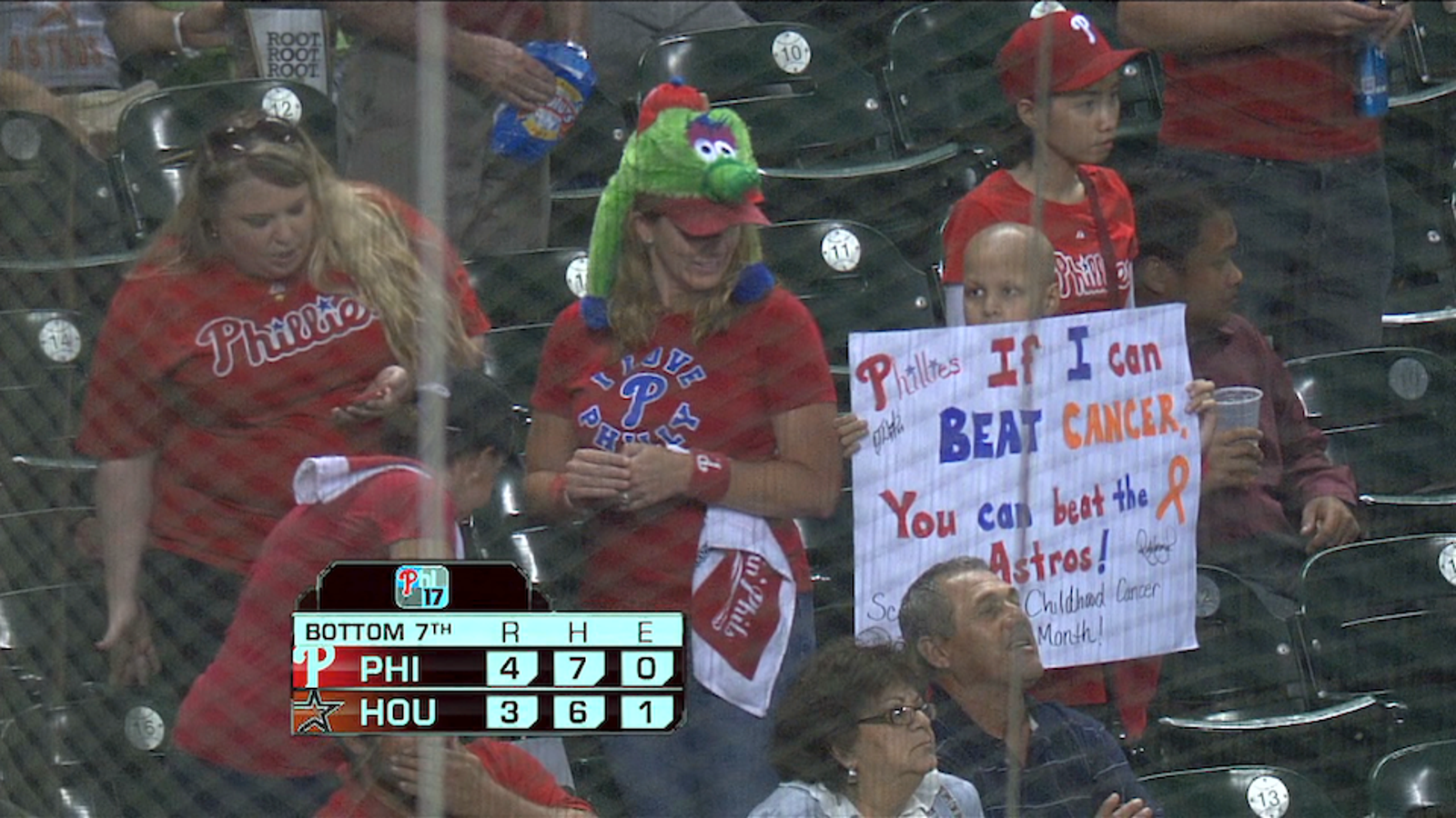 Kid's Sign At Phillies Game "If I Can Beat Cancer, You Can Beat The