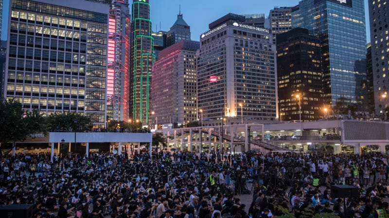 Secondary school students take part in a an anti- government student rally on August 22, 2019 in Hong Kong, China. The students gathered to support the ongoing protest movement and discussed the planned September student strike.