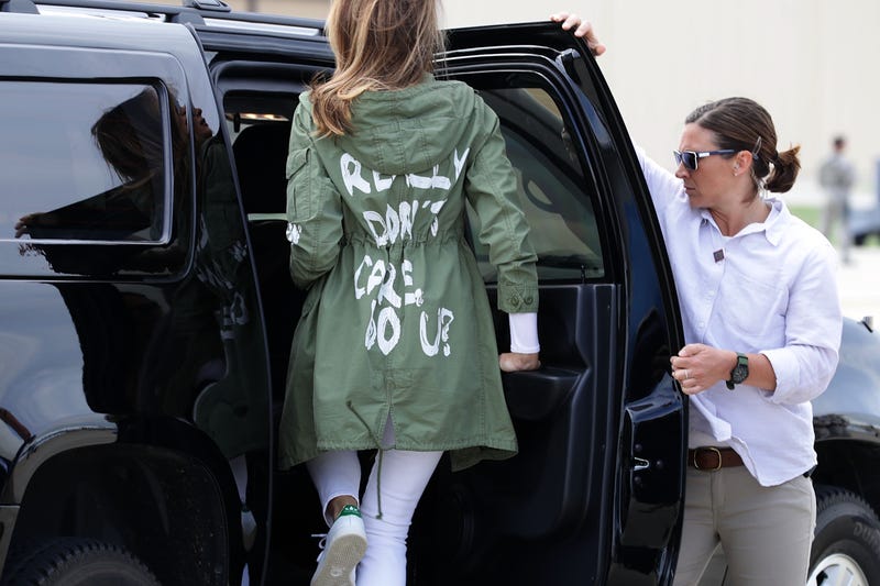 First lady Melania Trump climbs back into her motorcade after traveling to Texas to visit facilities that house and care for children taken from their parents at the U.S.-Mexico border June 21, 2018, at Joint Base Andrews, Md.