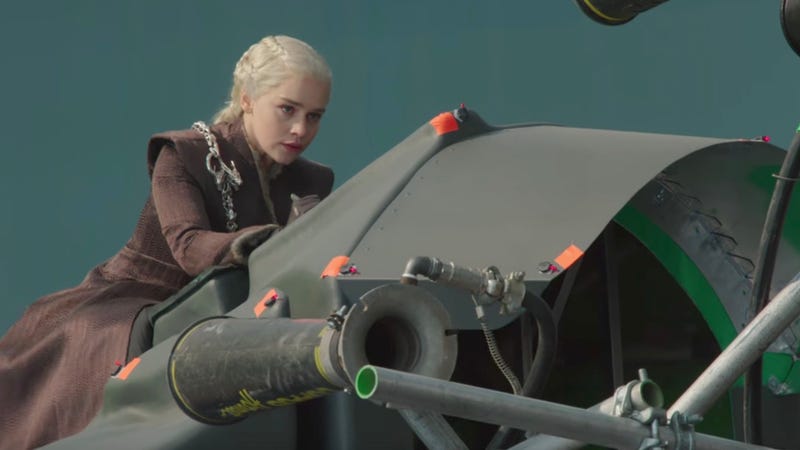 Emilia Clarke rides her “dragon” behind the scenes of this week’s Game of Thrones. Image: YouTube