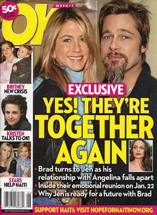 Illustration for article titled This Week In Tabloids: Brad & Angie Sorta But Not Really Over; Depressed Britney Looks Like A "Bum"