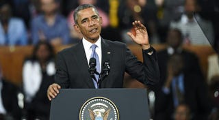 President Barack Obama gestures during a speech July 26, 2015, at the Moi International Sports Centre in Nairobi, Kenya. CARL DE SOUZA/AFP/Getty Images