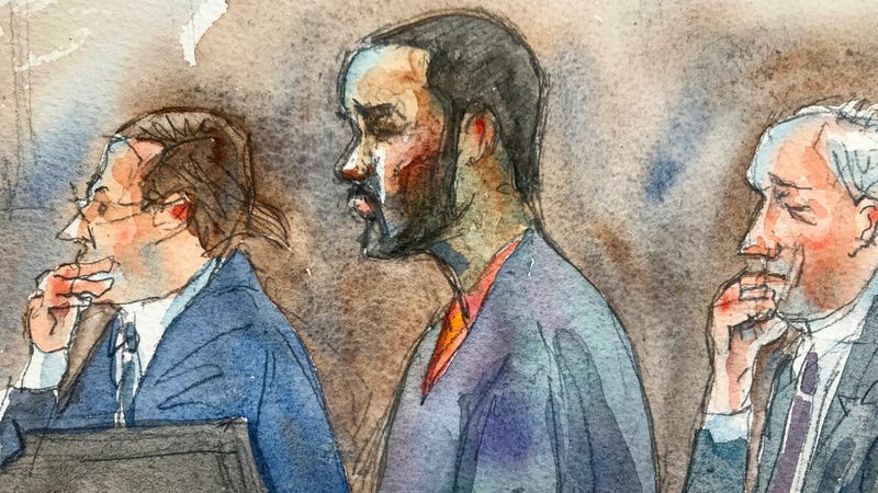 In this courtroom sketch R. Kelly, center, listens in federal court with his attorneys Doug Anton, left, and Steve Greenberg during his arraignment, Aug. 2, 2019, in New York. Kelly pleaded not guilty to federal charges he sexually abused women and girls.