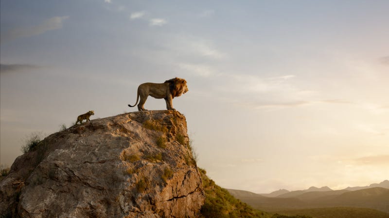 Little Simba trails behind his father, Mufasa.