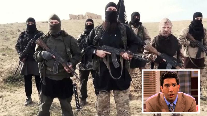Illustration for article titled Latest Attack: ISIS Just Replaced The ‘Friends’ Laugh Track With Someone Making Negative Comments About Ross