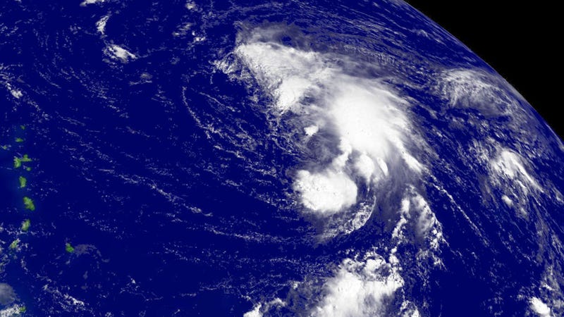 A satellite image of Florence over the Northern Atlantic northeast of Barbados.