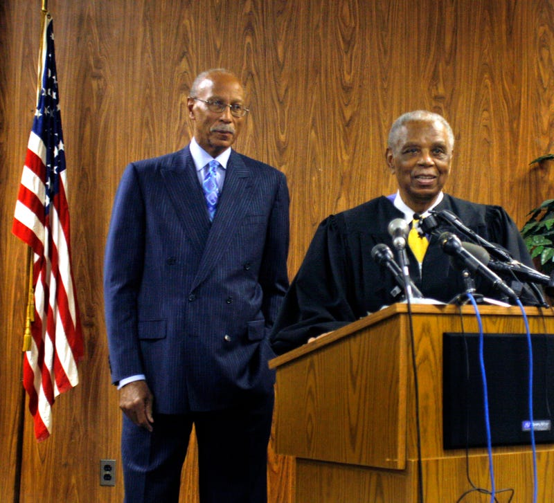 Judge Damon Keith (right) gets ready to swear in former Detroit Pistons star Dave Bing as the new Mayor of Detroit on May 11, 2009, in Detroit.Bill Pugliano/Getty Images