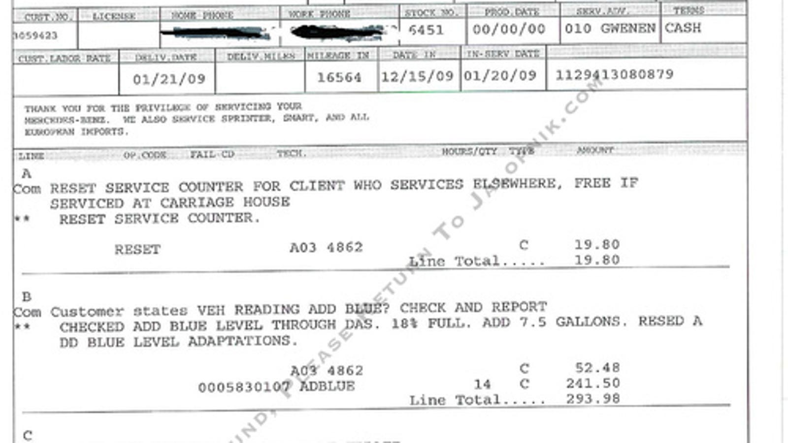 Mercedes AdBlue Dealer Service Invoice Document Photos