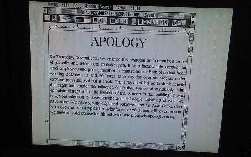Illustration for article titled Atari Tester's Machine from the '90s Contains Mysterious Apology