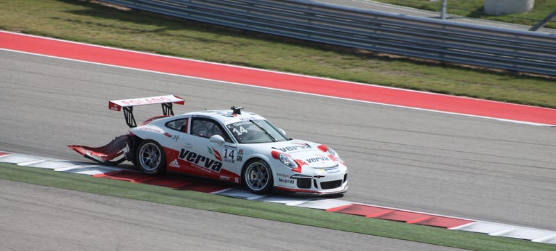 Illustration for article titled This Porsche Supercup Car Dragged Its Bumper For Half The Race