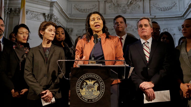 San Francisco Board of Supervisors President and now former interim Mayor London Breed (center) speaks at a news conference at City Hall in San Francisco on Dec. 12, 2017. (Jeff Chiu/AP Images)