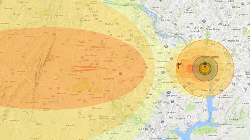 Imagen creada usando NUKEMAP. Cada color representa una consecuencia, incluyendo la radiaciĂłn y bola de fuego.