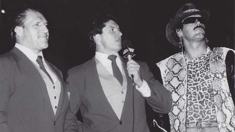 Bruno Sammartino, Vince McMahon, & Jesse Ventura as the Superstars of Wrestling broadcast team in a 1987 promotional photo.