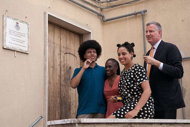 New York City Mayor Bill de Blasio (R), Chirlane McCray (2L), Chiara de Blasio (2R) and Dante de Blasio (L) visit the house his grandmother was born in during a visit to Mayor de Blasio’s grandmother’s town on July 24, 2014, in Grassano, Italy.