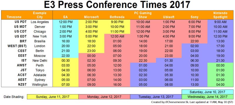 Here's the E3 2017 Conference schedule with timezones : r