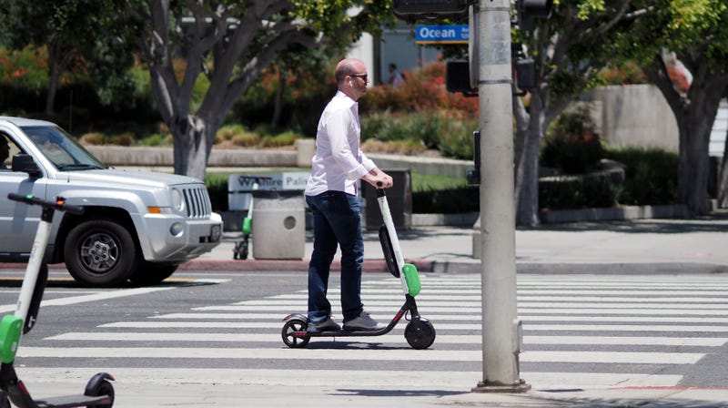 A man rides a LimeBike in Santa Monica, California in 2018.