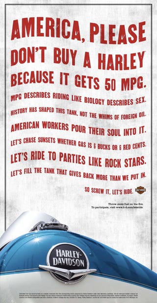 Illustration for article titled Harley-Davidson Says MPG Doesn't Matter To The True Rider