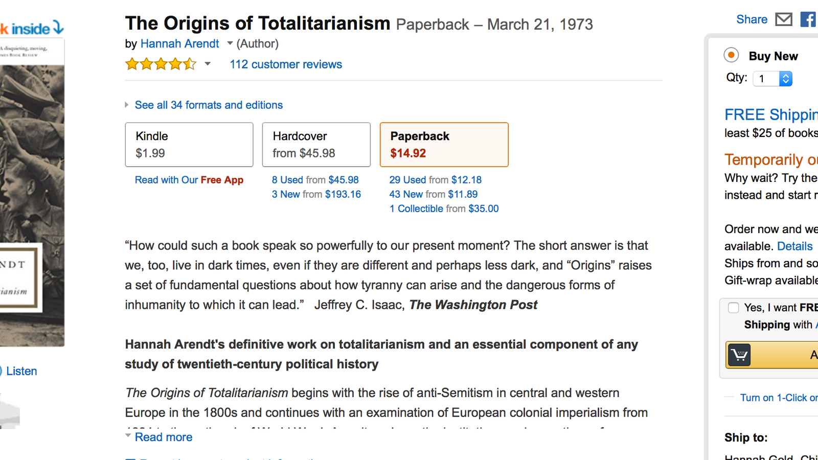 hannah arendt the origins of totalitarianism amazon hannah arendt the origins of totalitarianism amazon