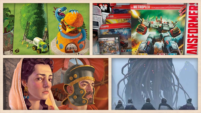 Images from Pandemic: Fall of Rome, Mesozooic, Things From The Flood, and Transformers: Trading Card Game.